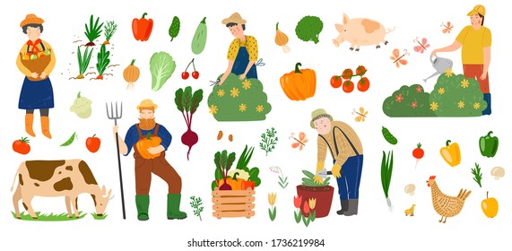 Vector set of vegetables, fruits, farm animals and farmers. Local product. Farmers gathering crops, harvest. People work in the garden. Farm works. Flat cartoon. Man gardener watering, trimming plants