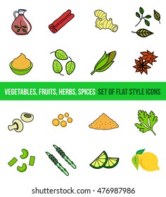 Vector set of vegetables, groceries and spices in flat style isolated on white background. Web graphics, banners, advertisements, brochures, business templates.