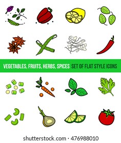 Vector set of vegetables, groceries and spices in flat style isolated on white background. Web graphics, banners, advertisements, brochures, business templates.