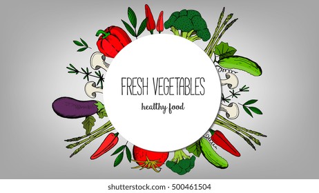 Vector set of vegetables. Healthy food flyer template. Sketch style Illustration