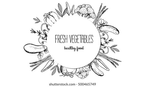Vector set of vegetables. Healthy food flyer template. Sketch style Illustration