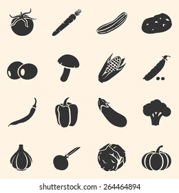 Vector Set of Vegetables Icons. Tomato, Carrot, Cucumber, Potato, Olives, Mushroom, Corn, Peas, Chili Peper, Paprika, Eggplant, Brocolli, Cauliflower, Garlic, Onion, Cabbage, Pumpkin.