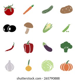 Vector Set of Vegetables Icons. Tomato, Carrot, Cucumber, Potato, Olives, Mushroom, Corn, Peas, Chili Peper, Paprika, Eggplant, Brocolli, Cauliflower, Garlic, Onion, Cabbage, Pumpkin.