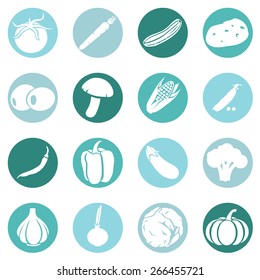 Vector Set of Vegetables Icons. Tomato, Carrot, Cucumber, Potato, Olives, Mushroom, Corn, Peas, Chili Peper, Paprika, Eggplant, Brocolli, Cauliflower, Garlic, Onion, Cabbage, Pumpkin.