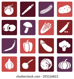 Vector Set of Vegetables Icons. Tomato, Carrot, Cucumber, Potato, Olives, Mushroom, Corn, Peas, Chili Peper, Paprika, Eggplant, Brocolli, Cauliflower, Garlic, Onion, Cabbage, Pumpkin.