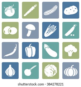 Vector Set of Vegetables Icons. Tomato, Carrot, Cucumber, Potato, Olives, Mushroom, Corn, Peas, Chili Peper, Paprika, Eggplant, Brocolli, Cauliflower, Garlic, Onion, Cabbage, Pumpkin.