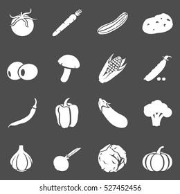 Vector Set of Vegetables Icons. Tomato, Carrot, Cucumber, Potato, Olives, Mushroom, Corn, Peas, Chili Peper, Paprika, Eggplant, Brocolli, Cauliflower, Garlic, Onion, Cabbage, Pumpkin.
