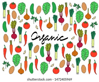 Vector set of vegetables isolated on a white background with the inscription Organic in the center. Sketch style vegetables for organic food store.