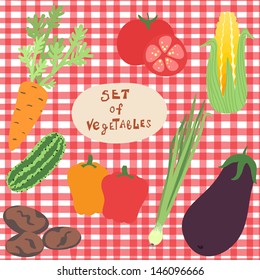  Vector set of vegetables on the red and white background