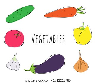Vector set with vegetables on a white background. Carrot, bell pepper, bow, eggplant, garlic, tomato,  cucumber.