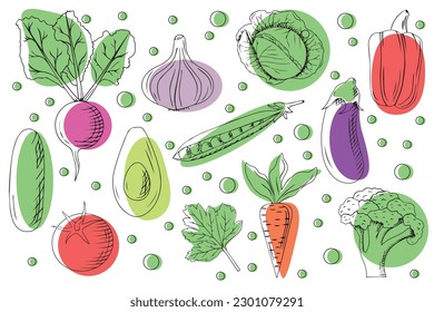 Vector set of vegetables. Organic vegetables in cartoon flat style. Healthy lifestyle. Vegetarian concept.