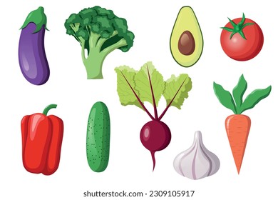 Conjunto vectorial de verduras. Verduras orgánicas en dibujos animados de estilo plano. Estilo de vida saludable. Concepto vegetariano.	
