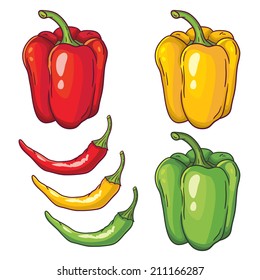 Vector set with vegetables: peppers isolated on white