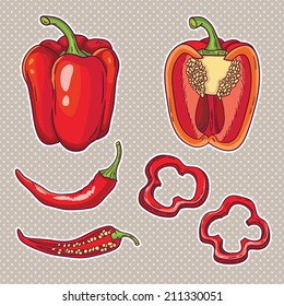 Vector set with vegetables: peppers isolated on white