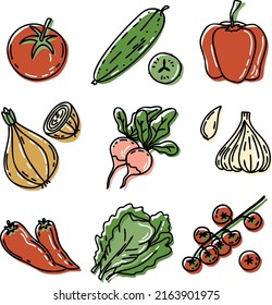 Vector set of vegetables for salad: tomato, cherry tomatoes, cucumbers, onion, garlic, reddish, pepper, green leaves. Hand-drawn  collection with black outline isolated on white background