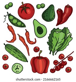 Vector set of vegetables for salad: tomato, cucumbers, pepper, green leaves, pea, lettuce, avocado. Hand-drawn collection with black outline isolated on white background