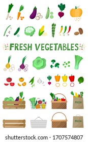 Vector set of vegetables for your design. Images of vegetables, baskets, boxes, packages in cartoon style.Farm products collection for restaurant menu, brand, grocery store on white background.