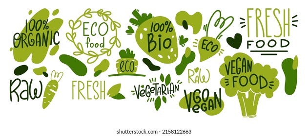 Conjunto vectorial de etiquetas vegetarianas de estilo plano. Letras de escritura manual sobre vegetariano y vegetariano. Verduras estilizadas. Usar para pegatinas, iconos, diseño, impresión