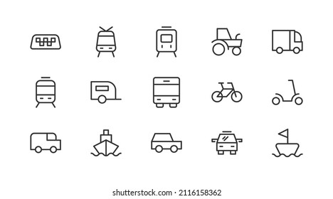 Vector set of vehicle thin line icons. Design of 20 stroke pictograms. Signs of vehicle isolated on a white background.