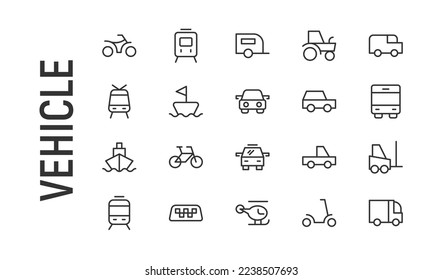 Vector set of vehicle thin line icons. Design of 20 stroke pictograms. Signs of vehicle isolated on a white background.