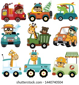 Vector set of vehicles cartoon with funny animals driver