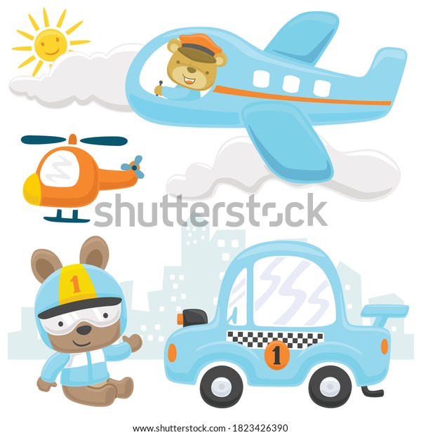 Vector set of\
vehicles cartoon with funny\
animals
