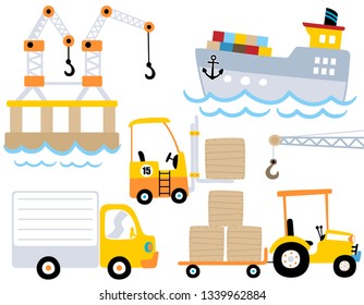 vector set vehicles cartoon of industrial port element