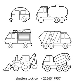 Vector set of vehicles. Coloring book for children activities. Simple level