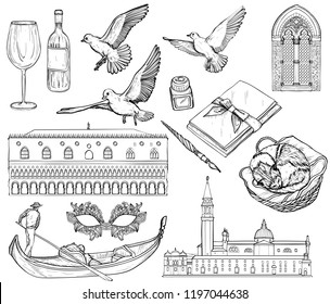 Vector Set of Venice sketch. Black and white.