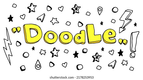 Vector set of verbal yellow doodles and simple elements asterisks, circles, squares, zippers, quotes, exclamation mark, hearts, star, hand-drawn in the style of doodles isolated black outline on white