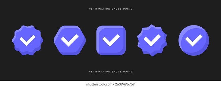 Vector set of verification badge icons. Includes checkmarks in various shapes: star, hexagon, square, and circle. Perfect for social media, profiles, UI, identity, and approval systems.