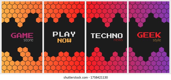 Vector set of vertical abstract banners. Gray background with colored bright hexagonal grid. Concept story banners, news, games, techno geek news. Place for text. Copyspace.