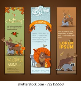 Vector set of vertical autumn banners. Wolf, deer, fox, hare, hedgehog, bird, raccoon and moose. Zoo cartoon collection for children designs. Autumn falling leaves. Rain and cloud. Wet weather.