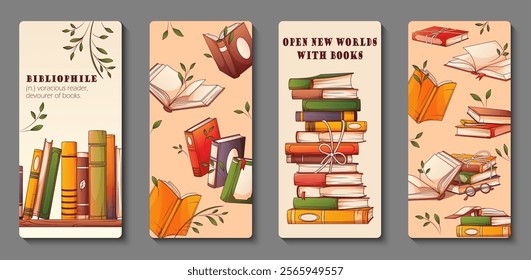 Conjunto vetorial de banner vertical com ilustração de pilha de livros, livros em pé, livro aberto. Modelo para cartaz, folheto. Amante do livro, livraria, conceito de biblioteca.