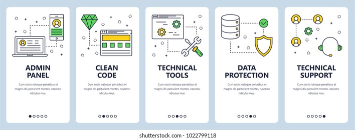 Vector Set Of Vertical Banners With Admin Panel, Clean Code, Technical Tools, Data Protection, Technical Support Concept Web Elements. Modern Thin Line Flat Style Design.