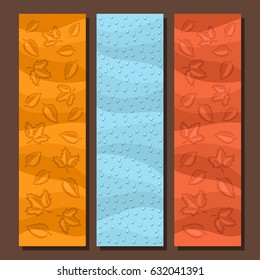 Vector set vertical banners for Autumn season: 3 layouts with falling leaves background, rain fall template for title text, flyer with blue rainfall drops backdrop, autumn rainy weather, maple foliage