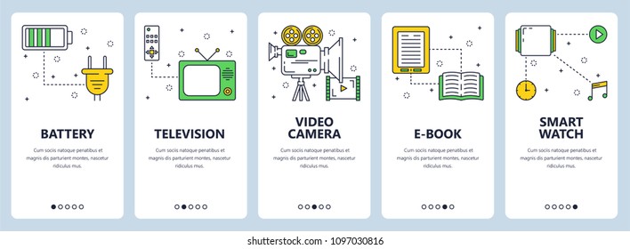 Vector set of vertical banners with Battery, Television, Video camera, e-book, Smart watch website and mobile app templates. Modern thin line flat style design.
