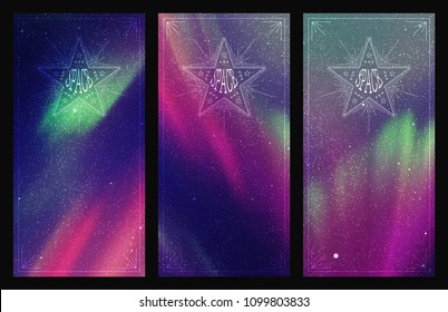 Vector set of vertical banners with beautiful starry sky and Northern lights. Illustration with aurora borealis. Abstract colorful cards for design