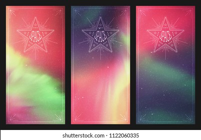 Vector set of vertical banners with beautiful starry sky and Northern lights. Illustration with aurora borealis. Abstract colorful cards for design