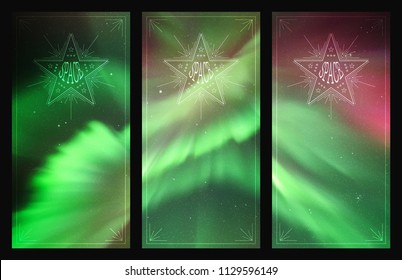 Vector set of vertical banners with beautiful starry sky and Northern lights. Illustration with aurora borealis. Abstract colorful cards for design