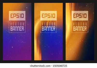 Vector set of vertical banners with beautiful starry sky and Northern lights. Illustration with aurora borealis in trendy neon colors. Abstract colorful cards for design