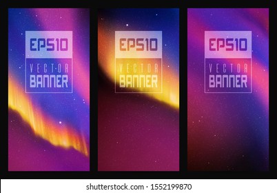 Vector set of vertical banners with beautiful starry sky and Northern lights. Illustration with aurora borealis in neon colors. Abstract colorful cards for design