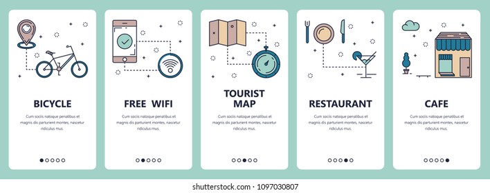 Vector set of vertical banners with Bicycle, Free wifi, Tourist map, Restaurant, Cafe website and mobile app templates. Modern thin line flat style design.