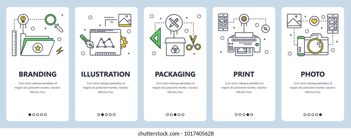 Vector set of vertical banners with Branding, Illustration, Packaging, Print and Photo concept website templates. Modern thin line flat style design elements for web, print.