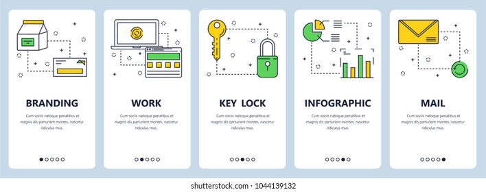 Vector Set Of Vertical Banners With Branding, Work, Key Lock, Infographic, Mail Website Templates. Modern Thin Line Flat Style Design.