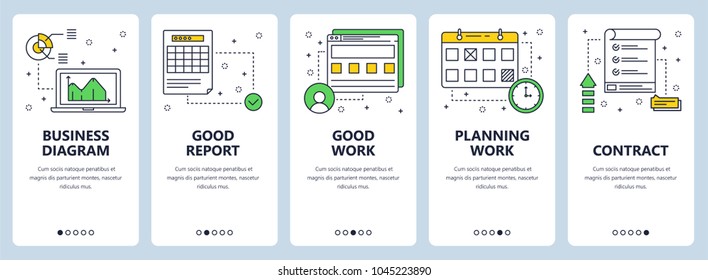 Conjunto vectorial de banners verticales con diagrama de negocio, informe bueno, trabajo bueno, trabajo de planificación, plantillas de sitio web de contrato. Diseño moderno de estilo plano y delgado.