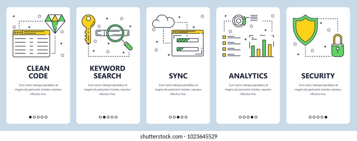 Vector set of vertical banners with Clean code, Keyword search, Sync, Analytics, Security website templates. Modern thin line flat style design.