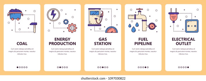 Conjunto de vectores de banners verticales con carbón, producción de energía, gasolinera, gasoducto de combustible, sitio web de salida eléctrica y plantillas de aplicaciones móviles. Diseño moderno de estilo plano y delgado.