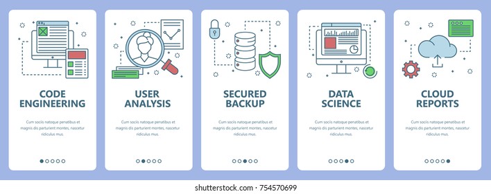 Vector Set Of Vertical Banners With Code Engineering, User Analysis, Secured Backup, Data Science, Cloud Report Concept Web Elements. Modern Thin Line Flat Symbols, Icons For Website Menu, Print.