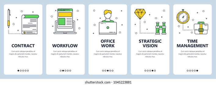 Vector set of vertical banners with Contract, Workflow, Office work, Strategic vision, Time management website templates. Modern thin line flat style design.